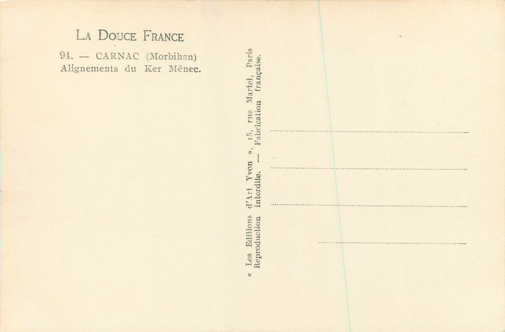 CPM La douce france 91 carnac (morbihan) alignements du ker menec — Rückseite