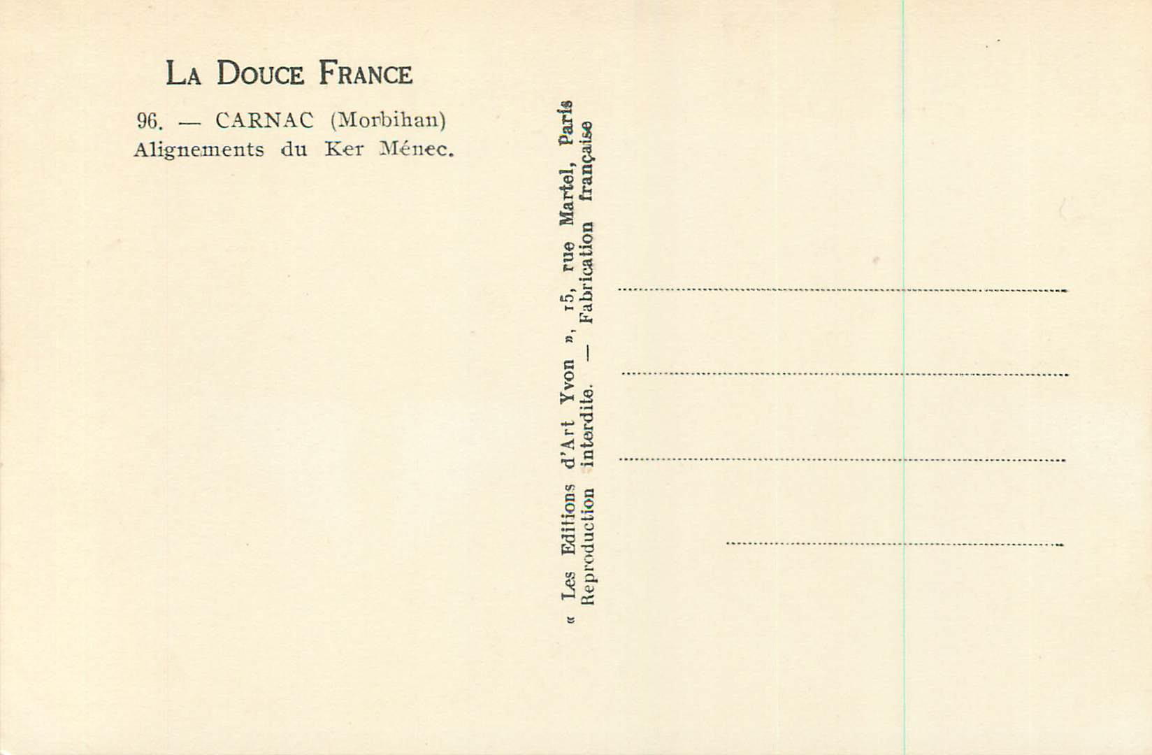 CPM La douce france 96 carnac (morbihan) alignements du ker menec — Rückseite