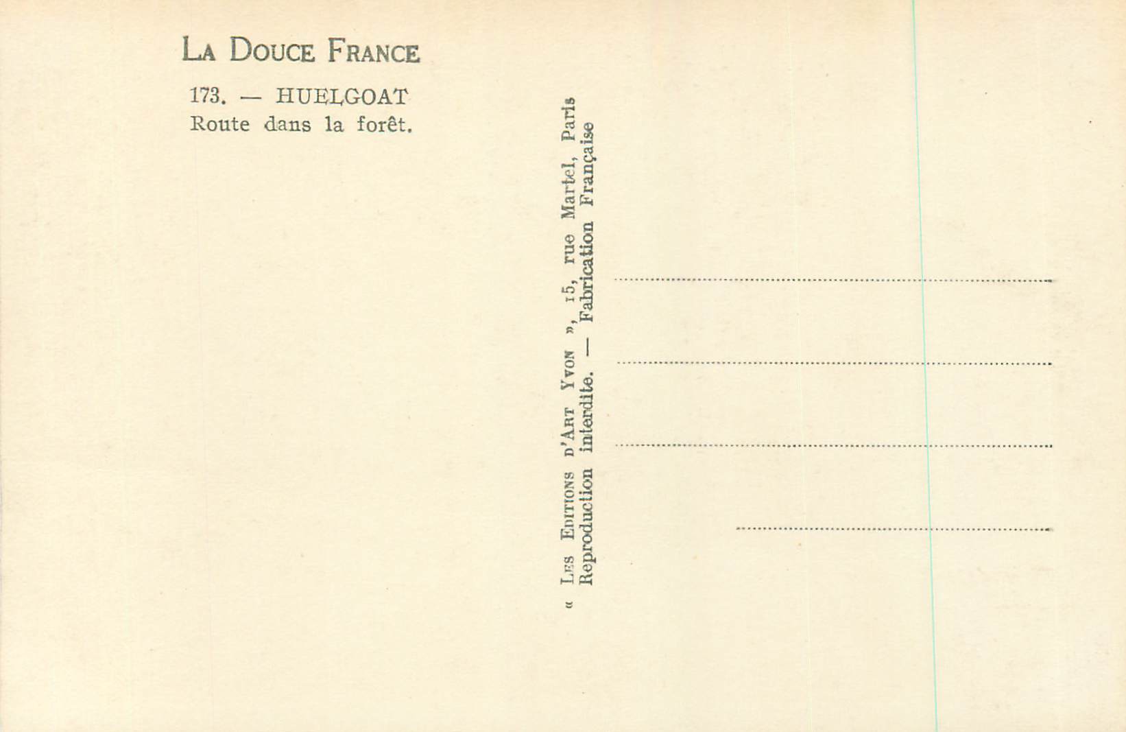 CPM La douce france 173 huelgoat route dans la foret — Rückseite