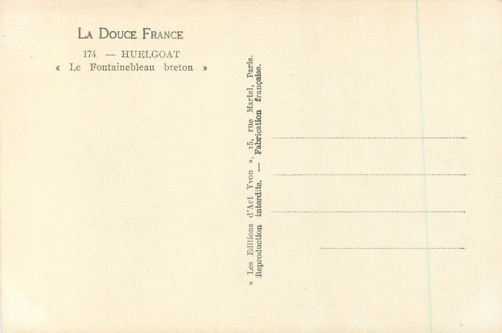 CPM La douce france 174 huelgoat le fontainebleau breton — Rückseite