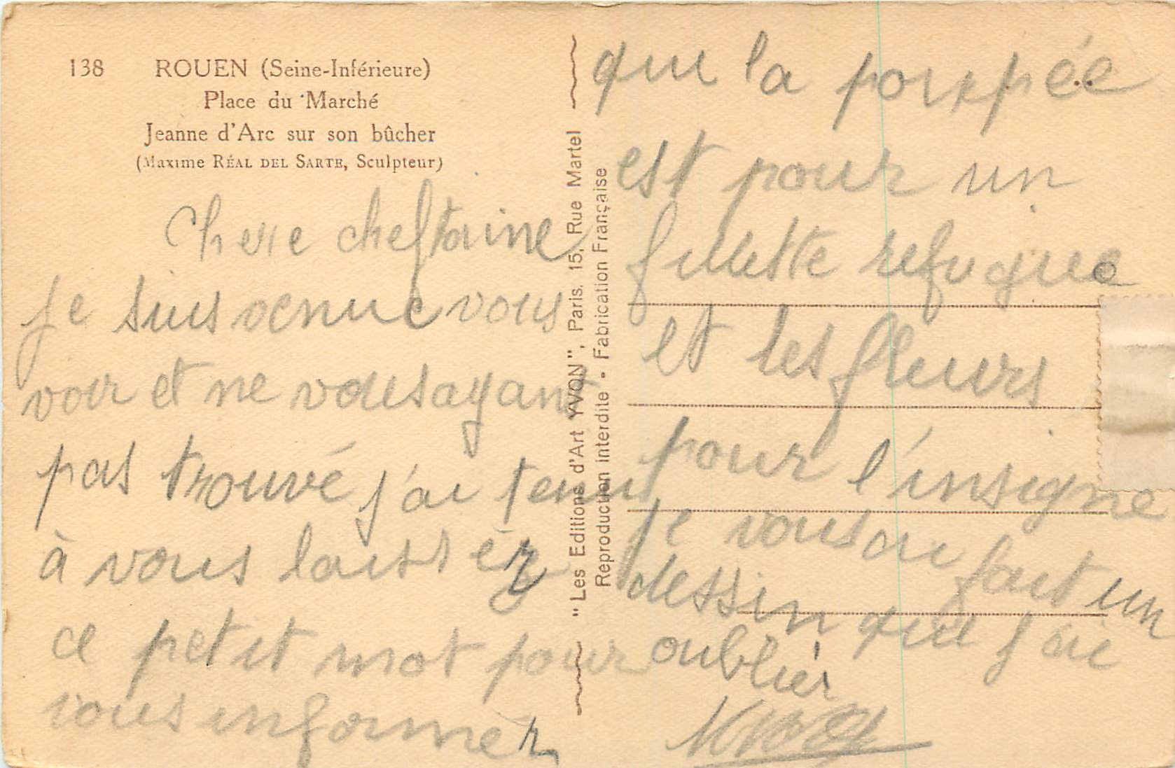 CPA 138 rouen (seine inf) place du marche jeanne d arc sur son bucher Real del Sarte — Rückseite