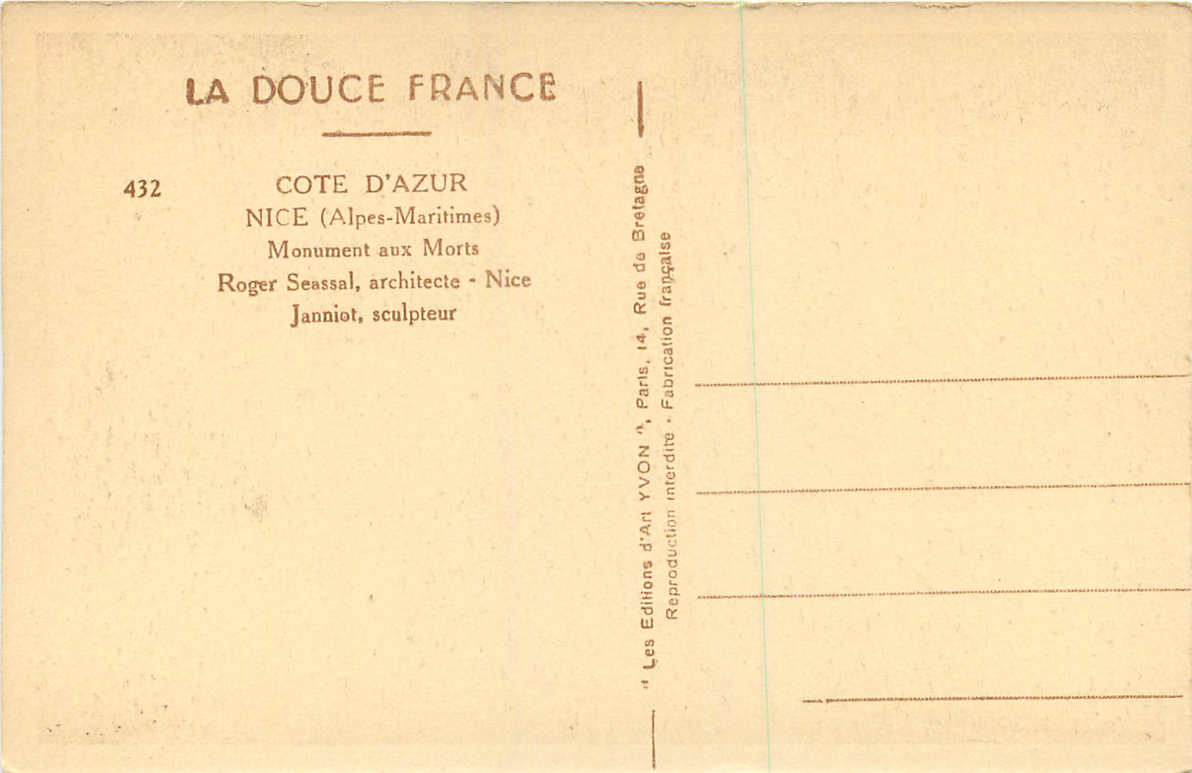 CPA La douce france 432 cote d azur nice (alpes maritimes) monument des morts — Rückseite