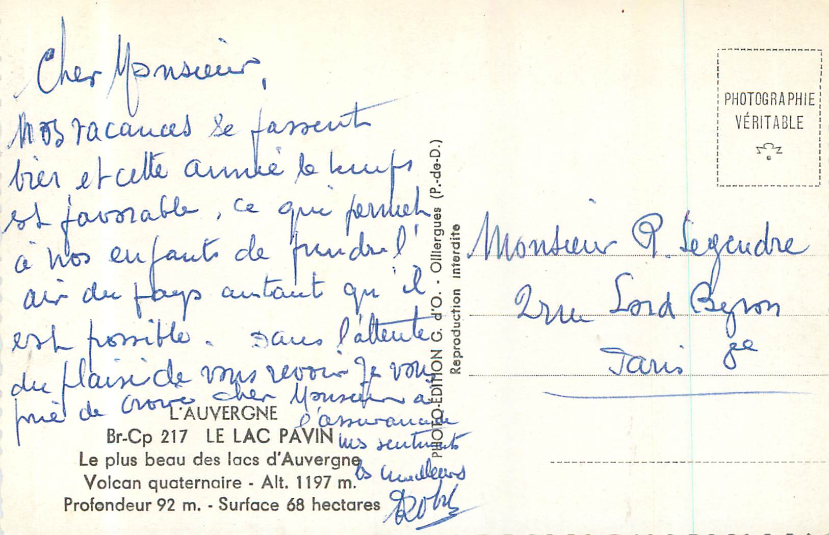 CPM L auvergne br co 217 le lac pavin le plus beau des lacs d auvergne — Rückseite
