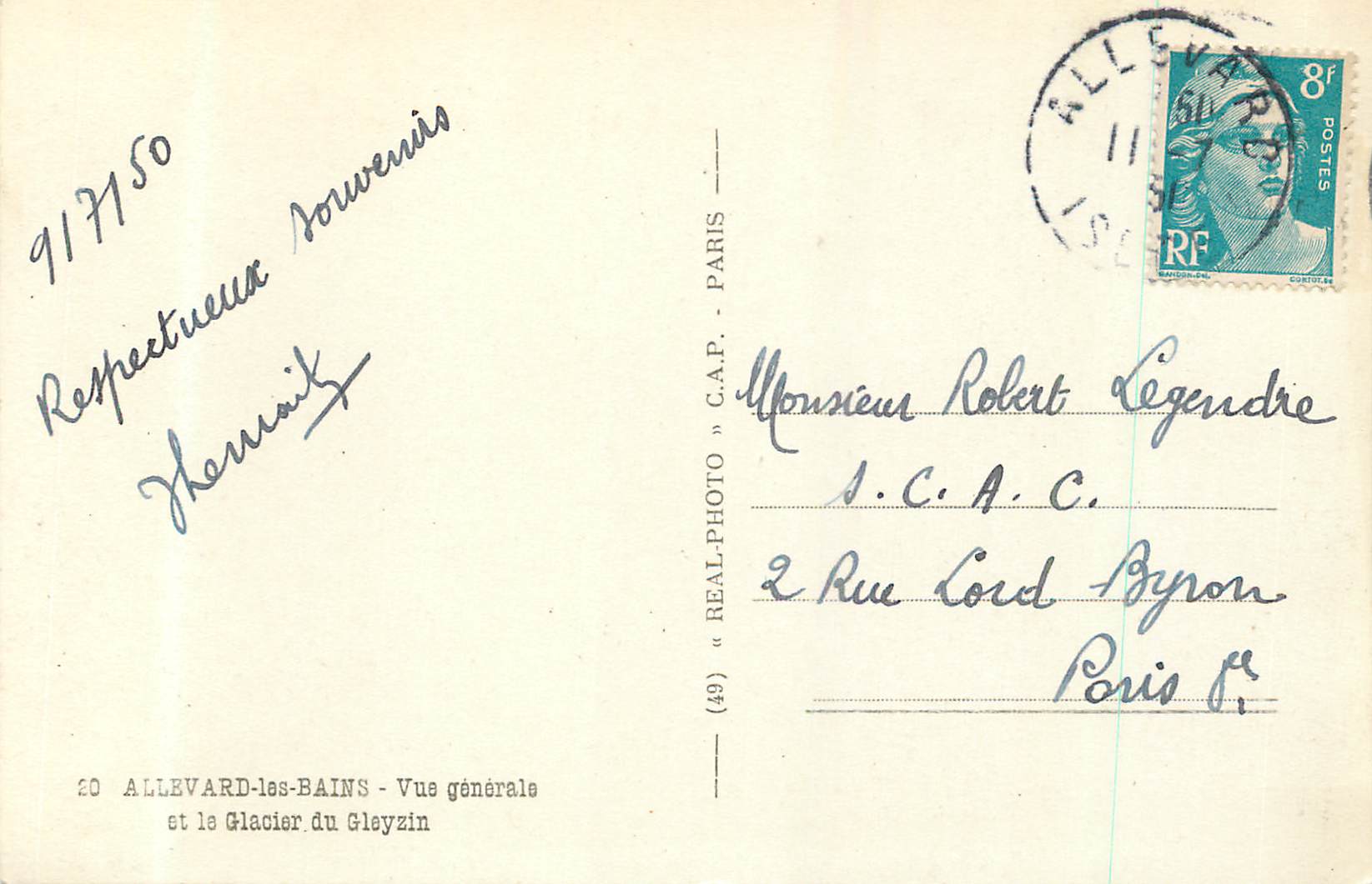 Allevard-les-Bains — Vue générale et le Glacier du Gleyzin — C.A.P. (49) — Verso