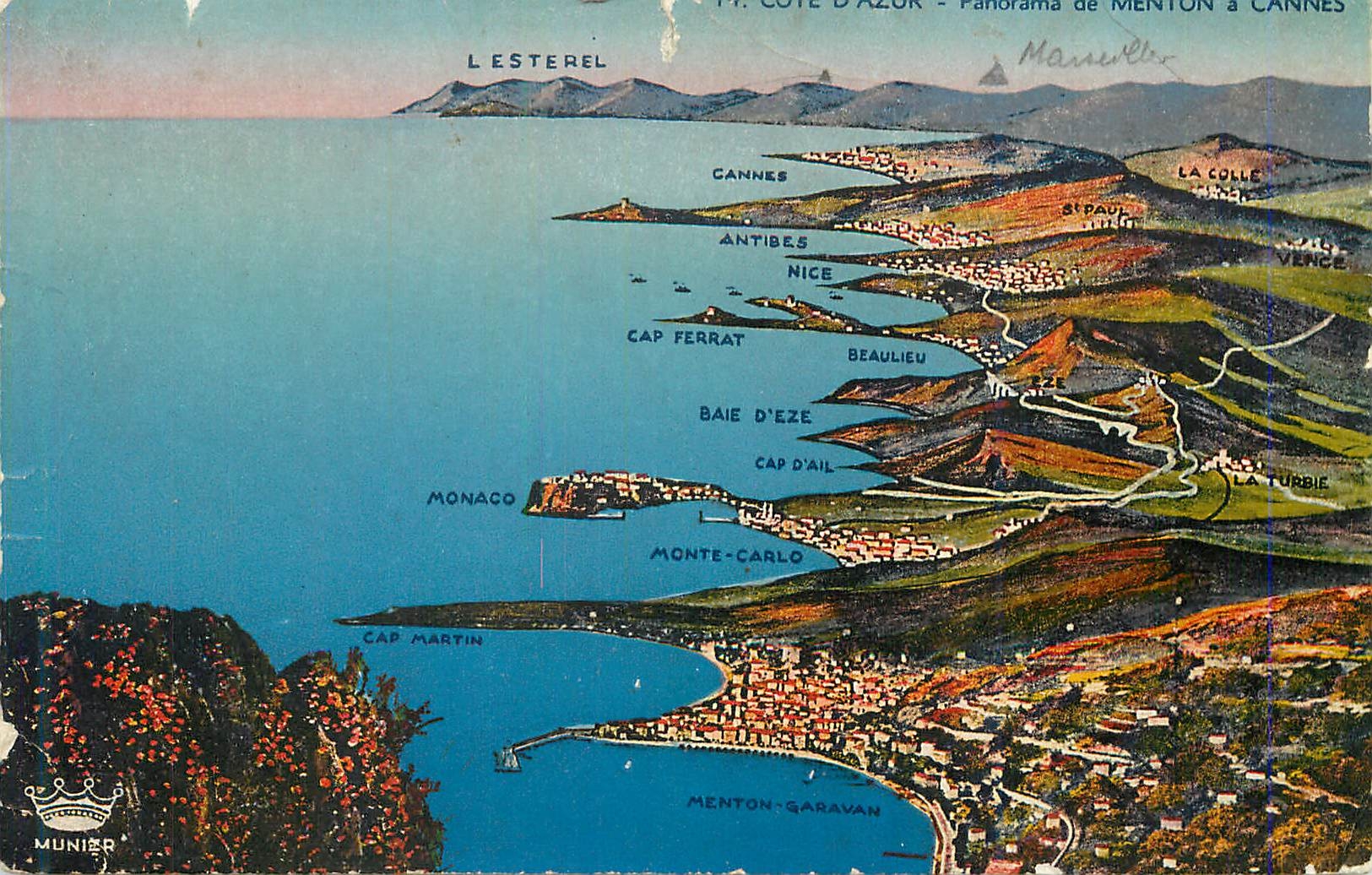 CPA Cote d azur panorama de menton a cannes