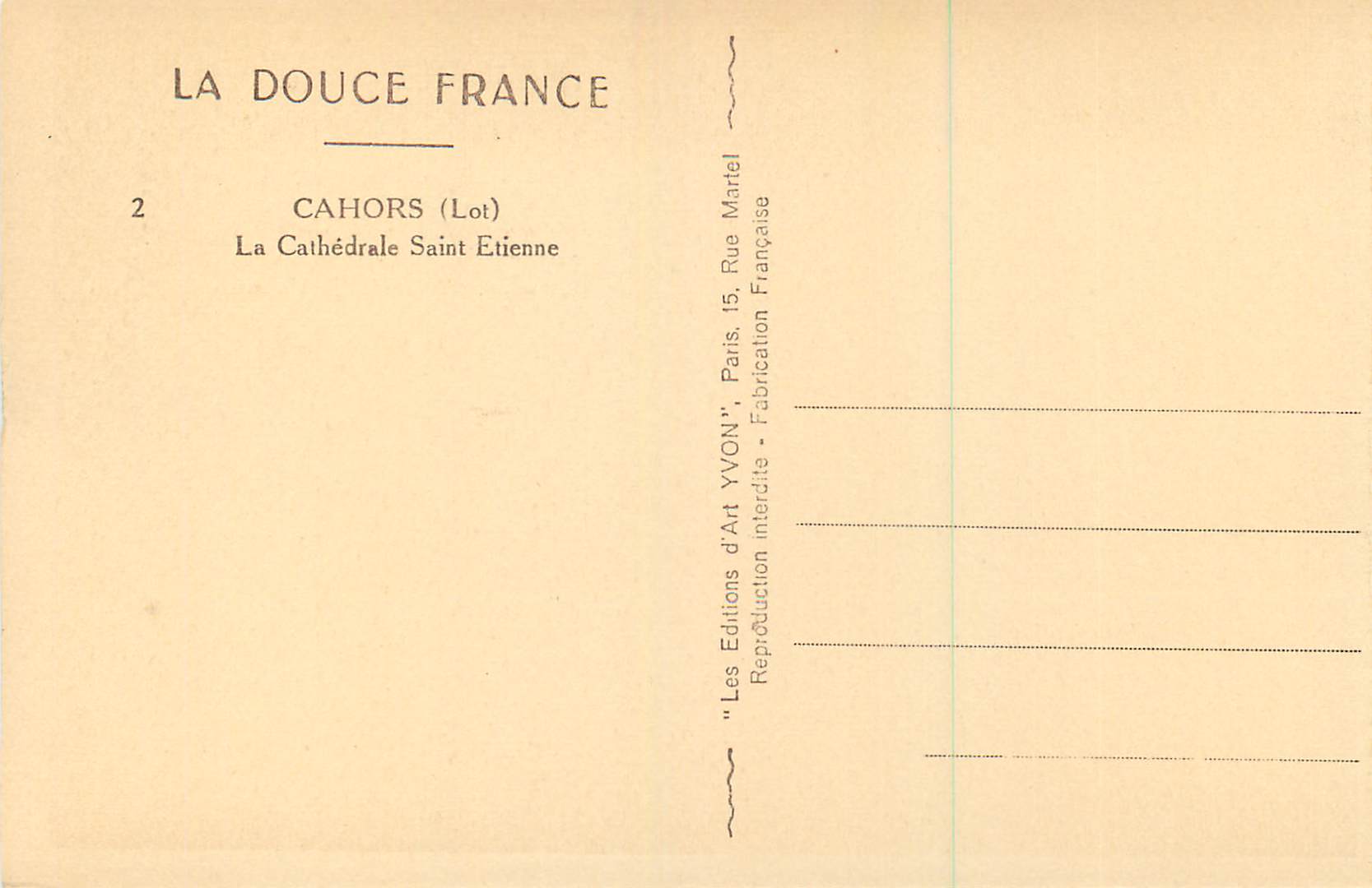 Cahors (Lot) — Cathédrale Saint-Étienne — Éditions d'Art YVON — Verso