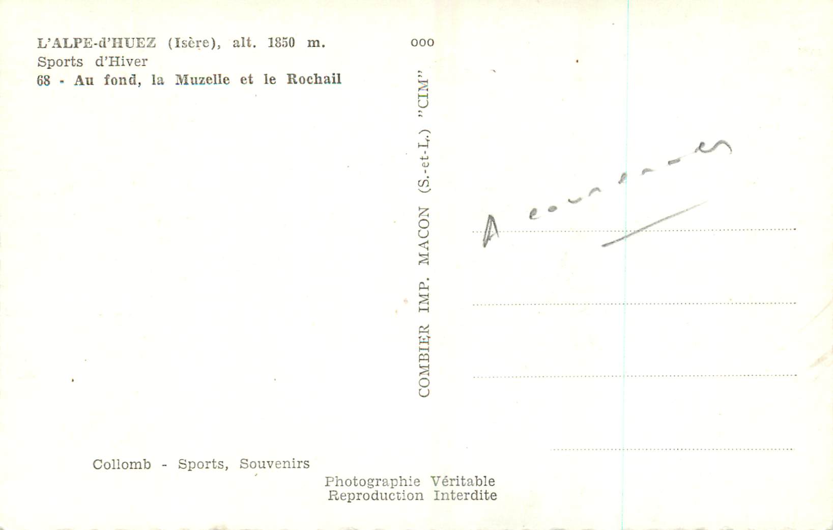 L'Alpe-d'Huez (Isère), H. 1850 m. — Wintersport — Verlag Combiér, Nr. 000 — Rückseite