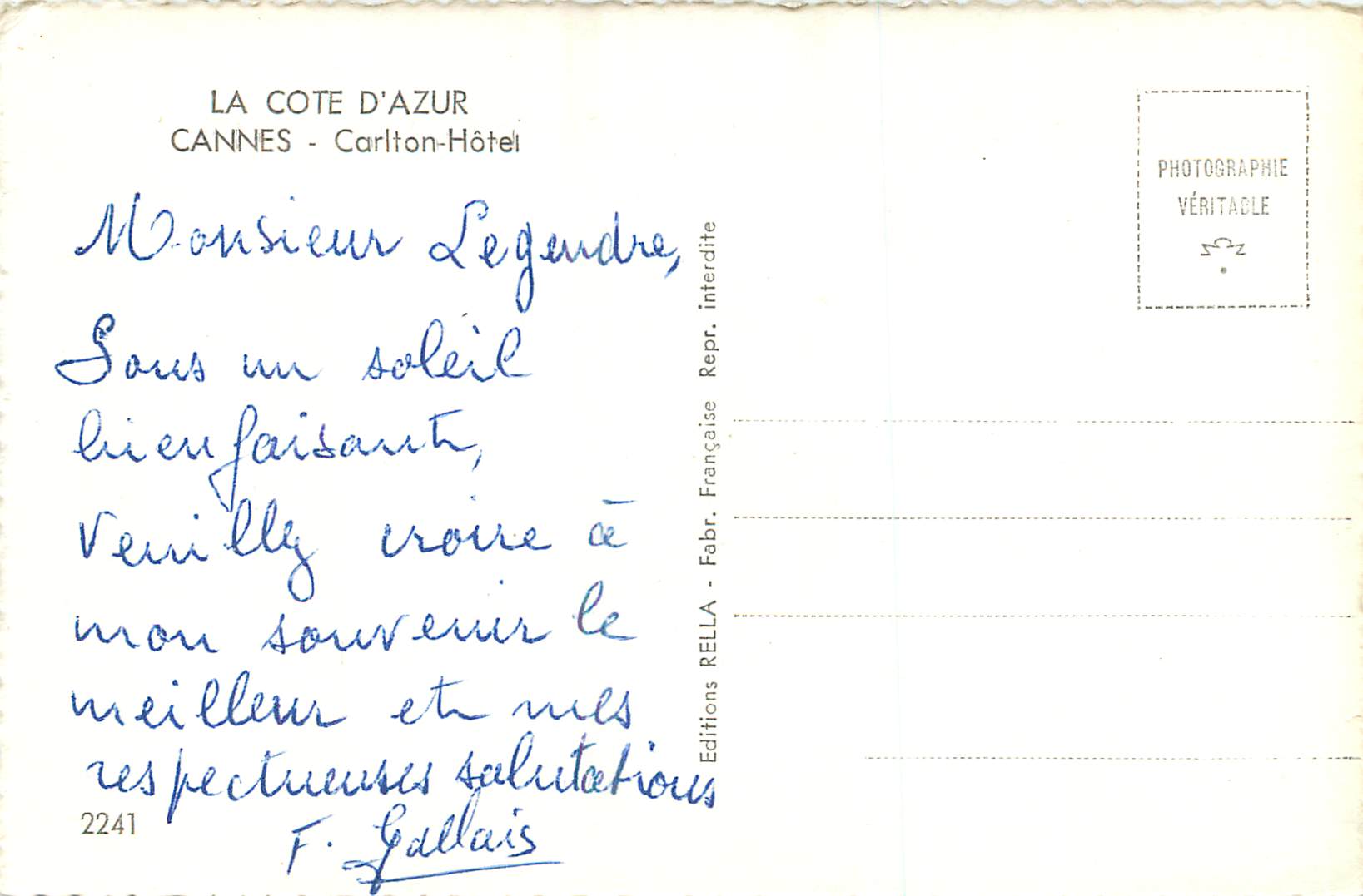 CPM La cote d azur cannes carlton hotel — Rückseite