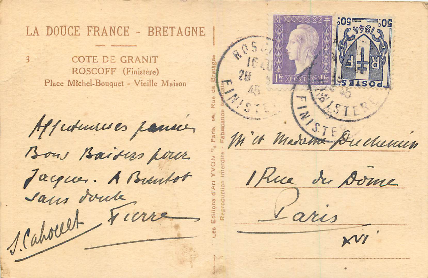 CPA Roscoff Finistere Place Michel Bouquet Vieille Maison  — Rückseite