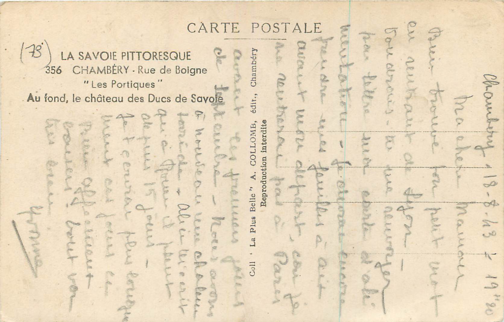 CPA Chambery Rue de Boigne Les Portiques Au fond le chateau des Ducs de Savoie  — Rückseite
