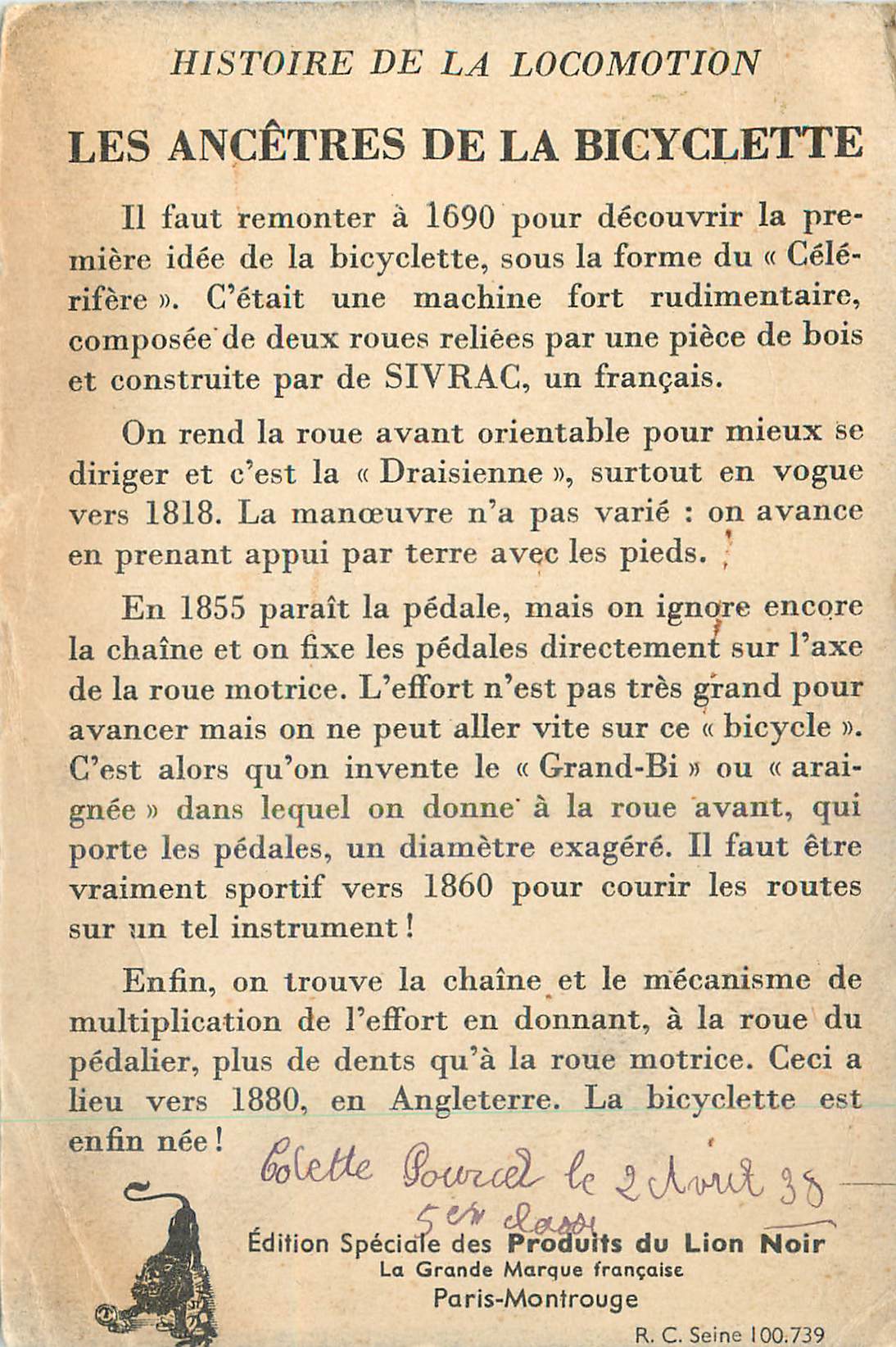 CPA Histoire de la Locomotion Veloc Cyle Draisienne Velocipede — Verso