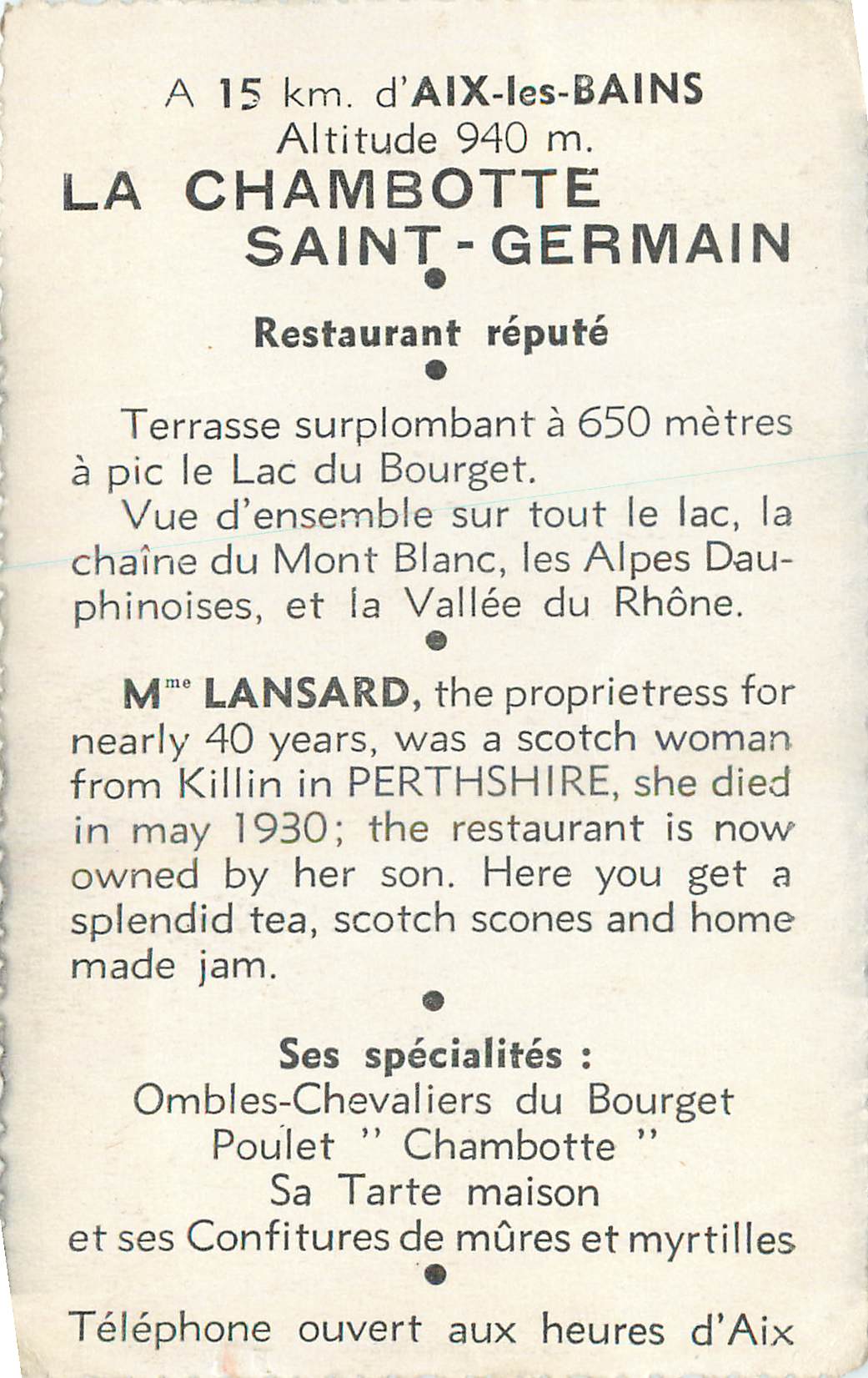 Le Lac du Bourget — vue prise du restaurant de la Chambotte — C. Lansard, propriétaire — Rückseite