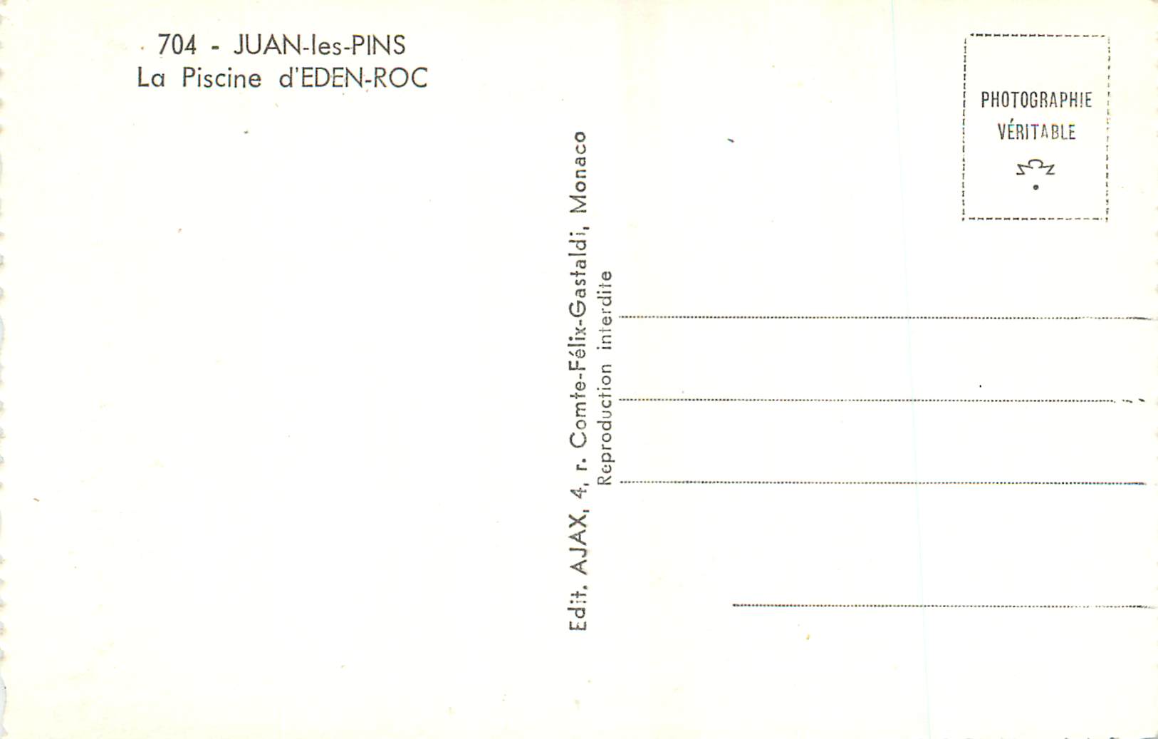 CPM Juan les Pins La Piscine d Eden Roc  — Verso