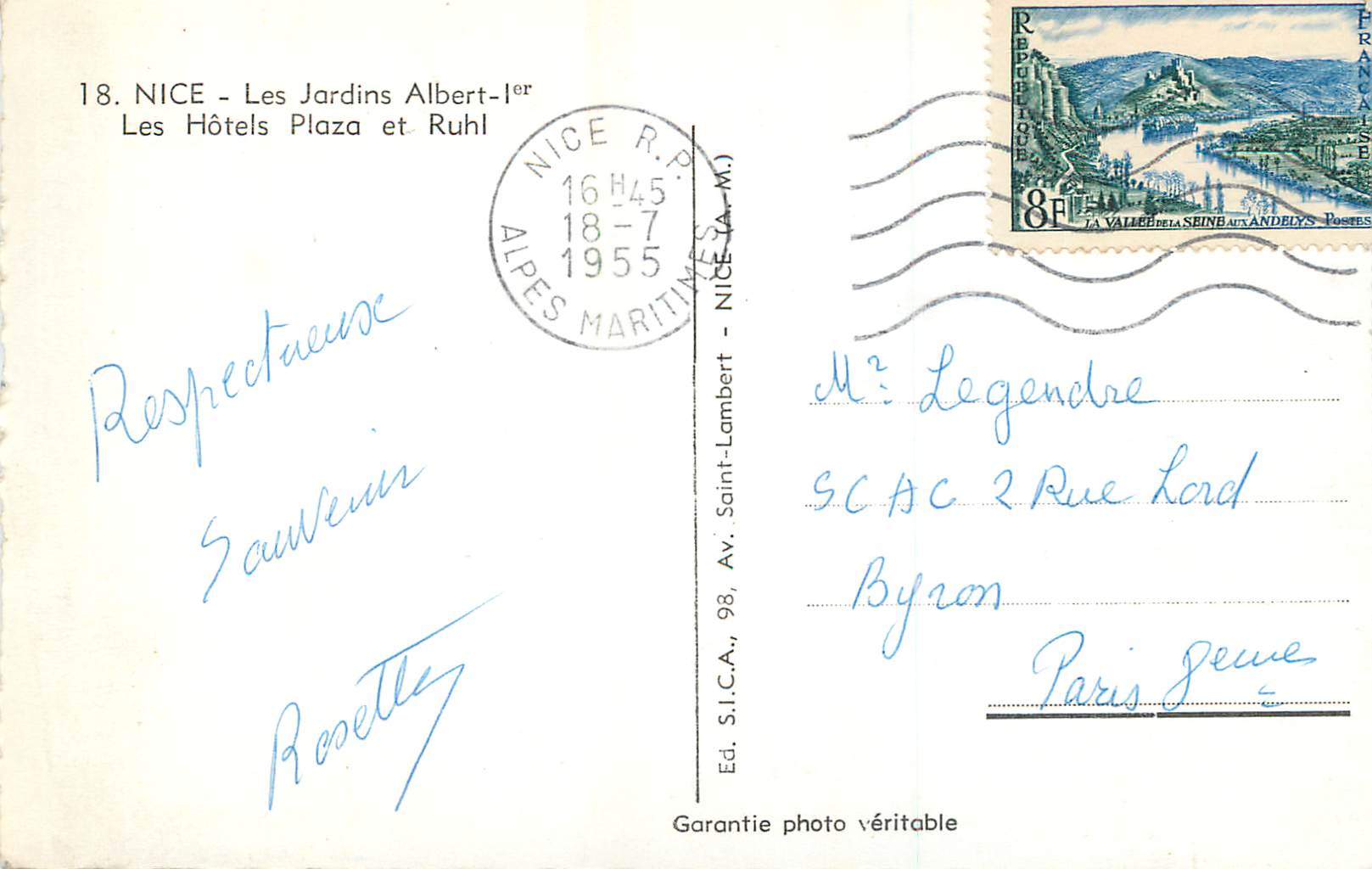 CPM Nice Les Jardins Albert Les Hotels Plaza et Ruhl  — Rückseite