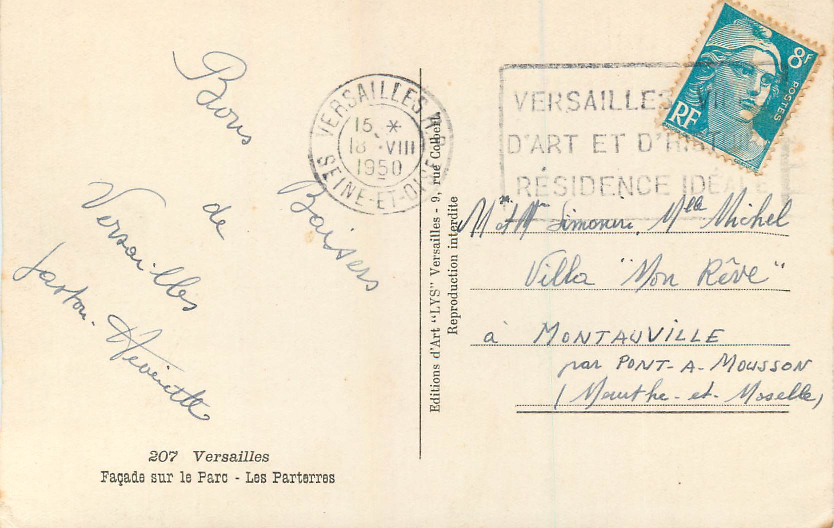 CPM Versailles Facade sur le Parc Les Parterres  — Rückseite