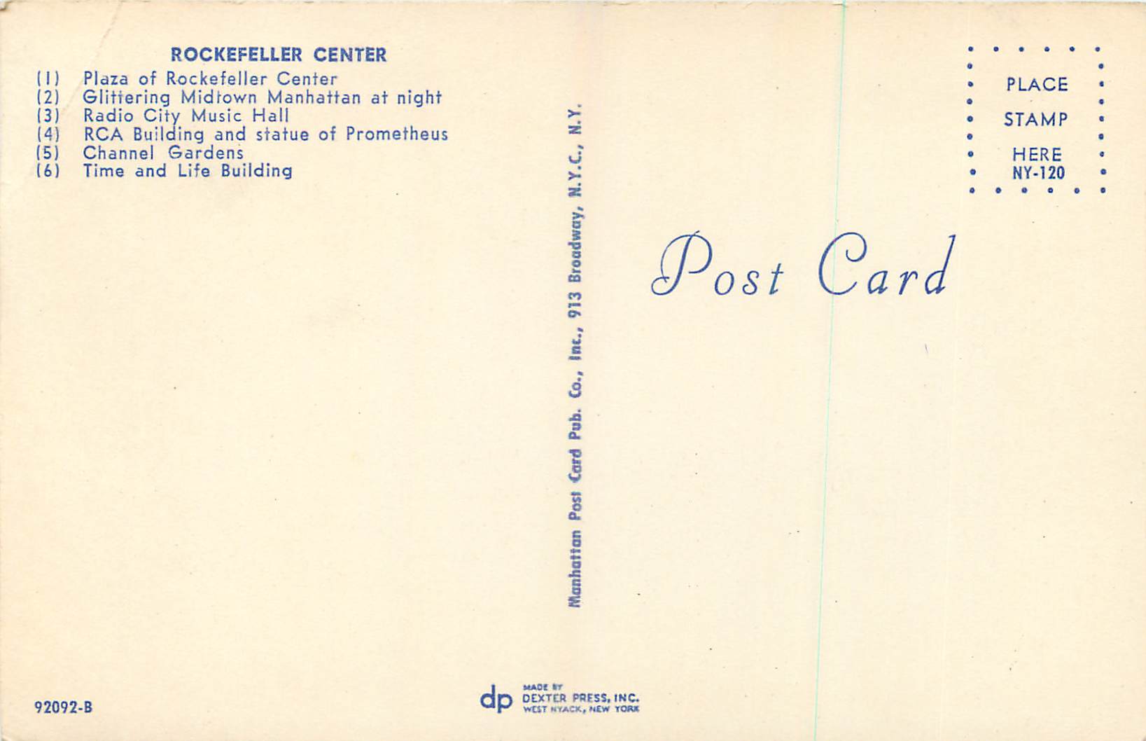 CPM Greetings from Rockefeller Center New York City  — Rückseite