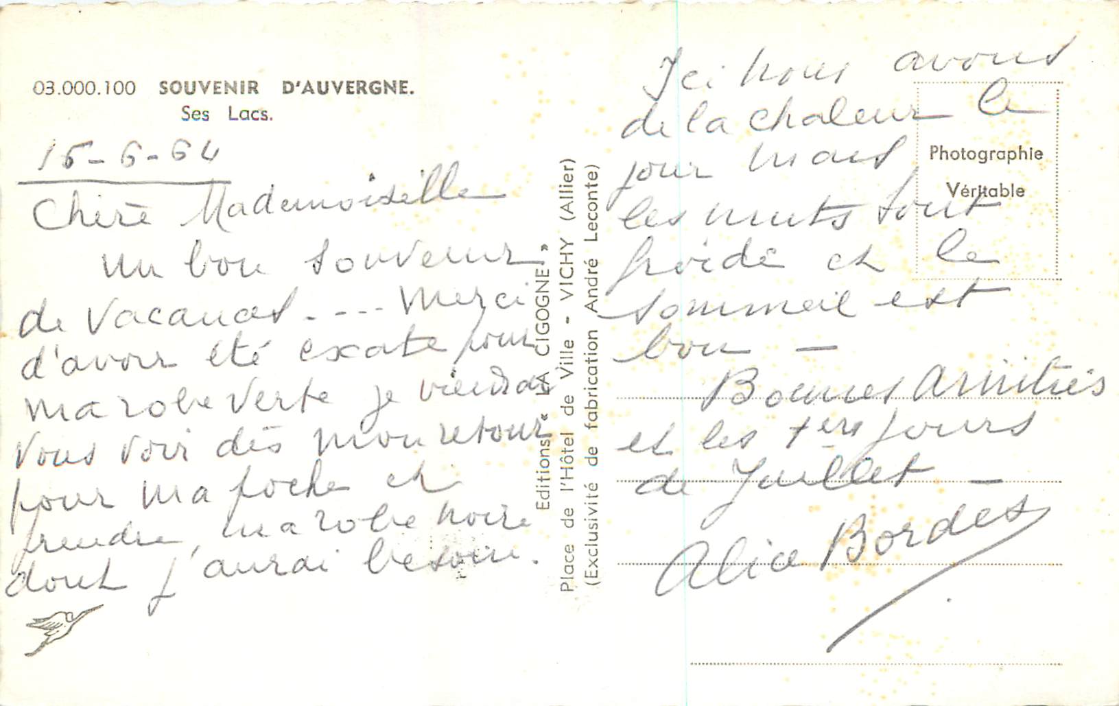 CPM Souvenir d Auvergne Ses Lacs  Guery Chambon Aydat Pavin Serviere Tazenat — Rückseite