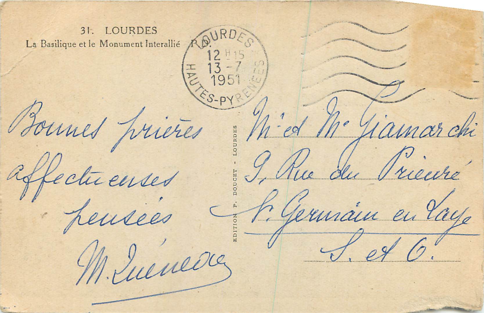 CPA Lourdes La Basilique et le Monument interallie  — Verso