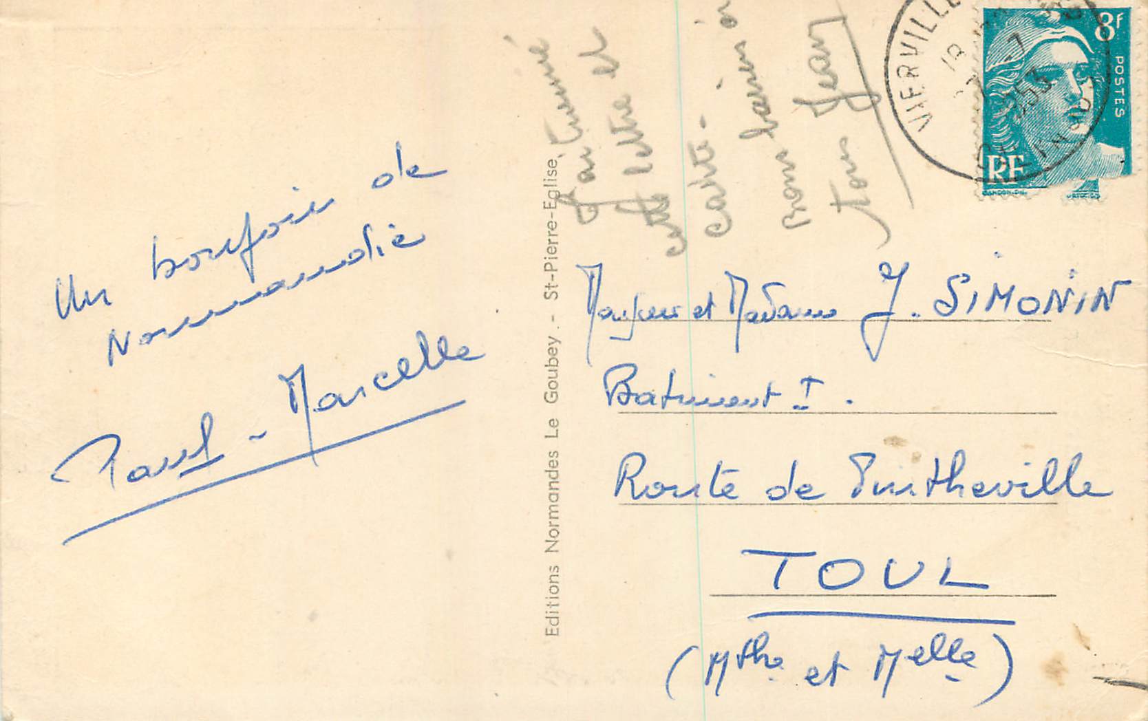CPA Vilerville sur Mer Calvados Le Chateau Au centre fleche de l Eglise  — Verso