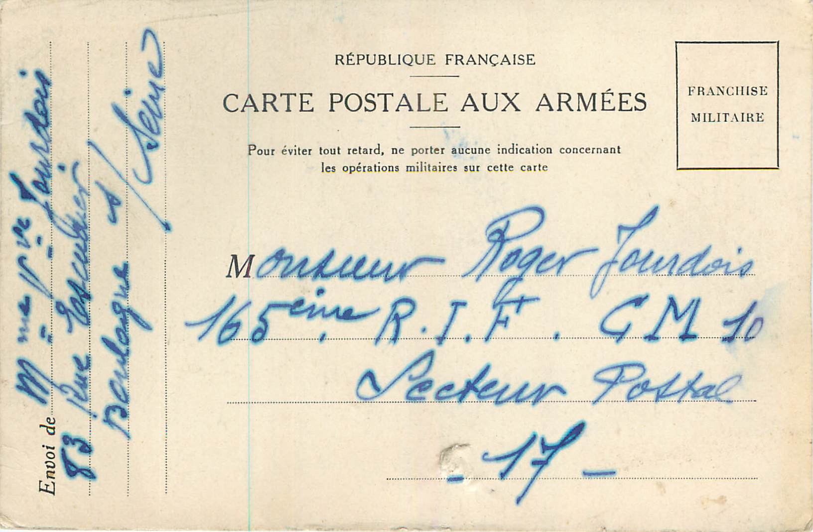 Carte postale aux armeeds Boulogne sur Seine — Rückseite