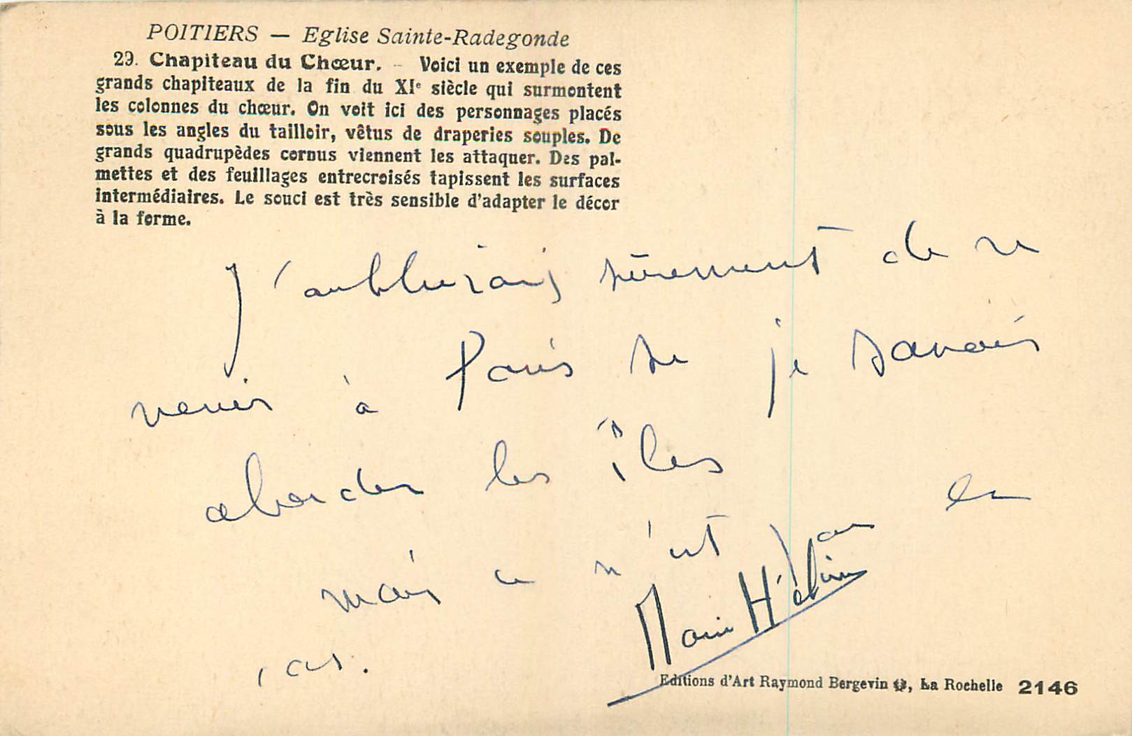 Poitiers — Église Sainte-Radegonde — Chapiteau du chœur — Éditeur Raymond Bergevin, n° 2146 — Rückseite