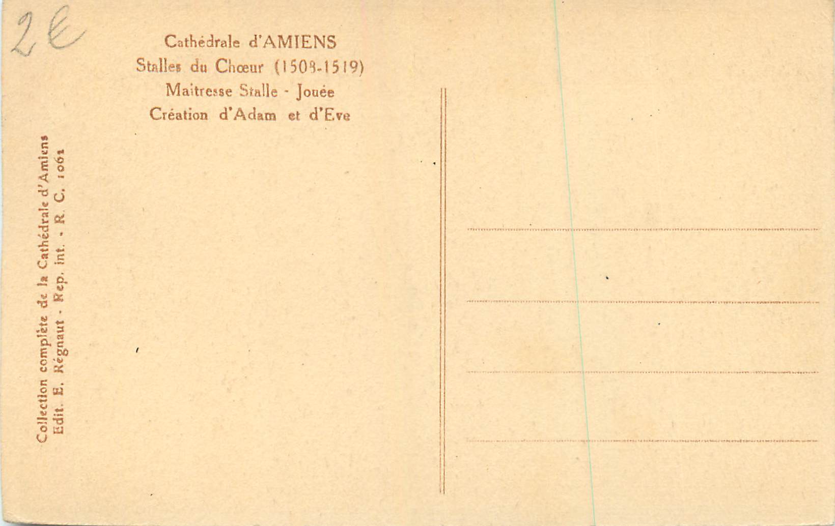 CPA Amiens Stalles Creation d Adam et Eve  — Rückseite
