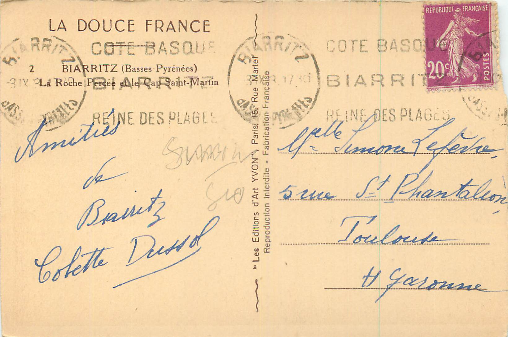 CPA Biarritz Basses Pyrenees La Roche le Cap Saint Martin  — Verso
