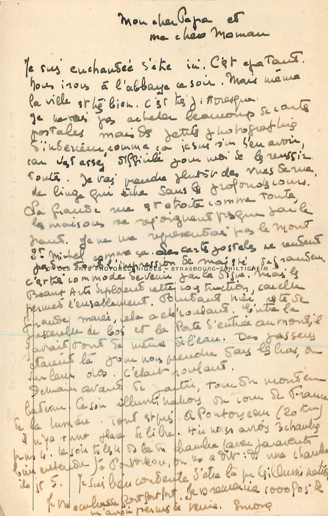 Mont-Saint-Michel — L'Abbaye - Salle des Hôtes (XIIIe siècle) — Éditeur : Arts Photomécaniques Strasbourg-Schiltigheim, n° 34 — Verso