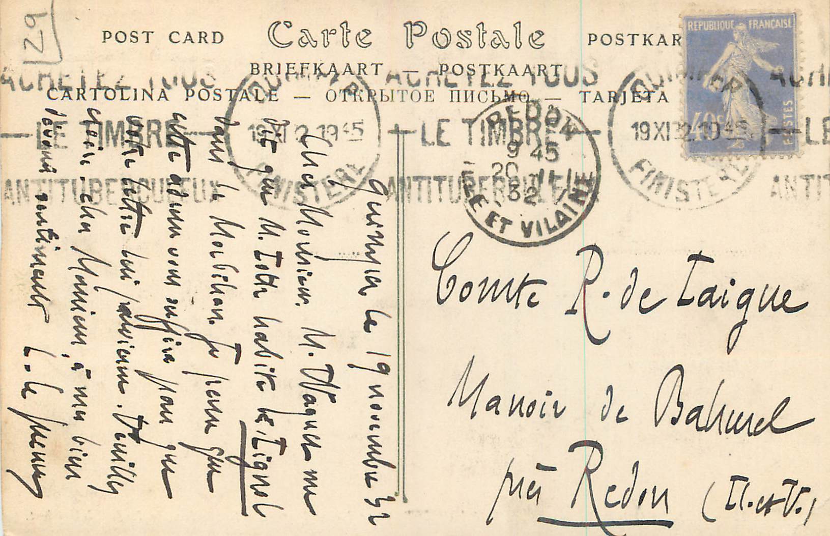 CPA Pont Croix Finistere Interieur de l Eglise Notre Dame de Roseudon la Nef  — Rückseite