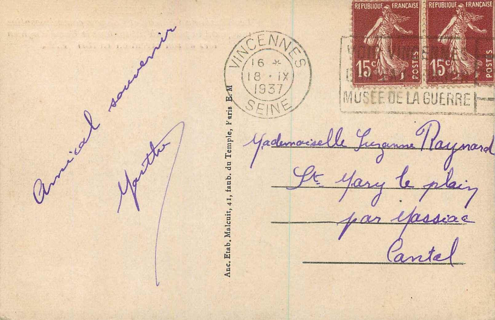 CPA Vincennes Les Fosses du Chaeau et Colonne commemorative  — Rückseite