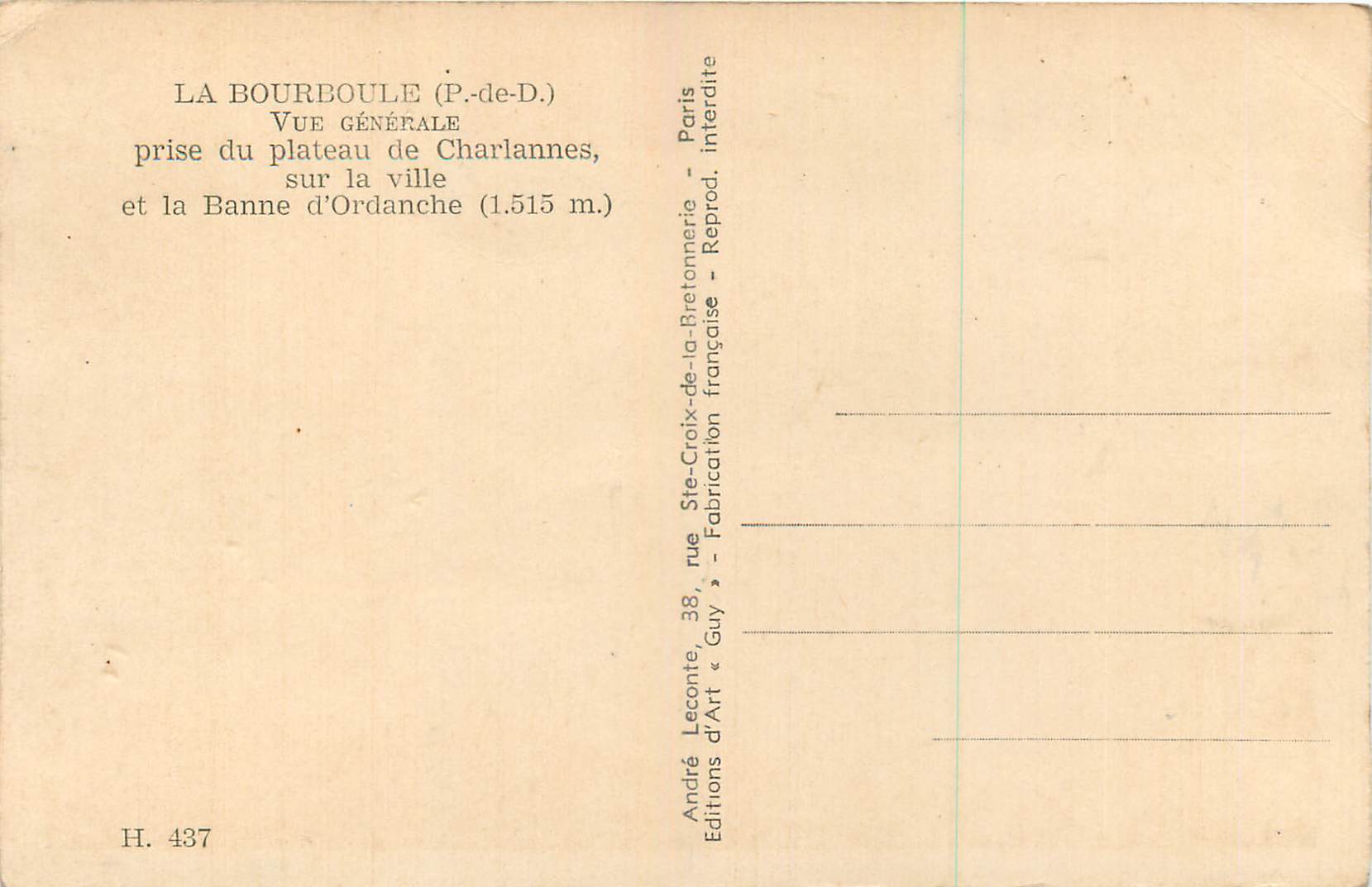 La Bourboule (P.-de-D.) — Vue générale prise du plateau de Charlannes, sur la ville et la Banne d'Ordanche (1.515 m.) — Guy — Rückseite