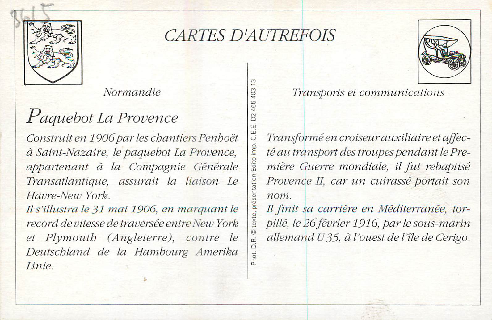 REPRO Nos Paquebots Transatlantiques La Provence  — Rückseite