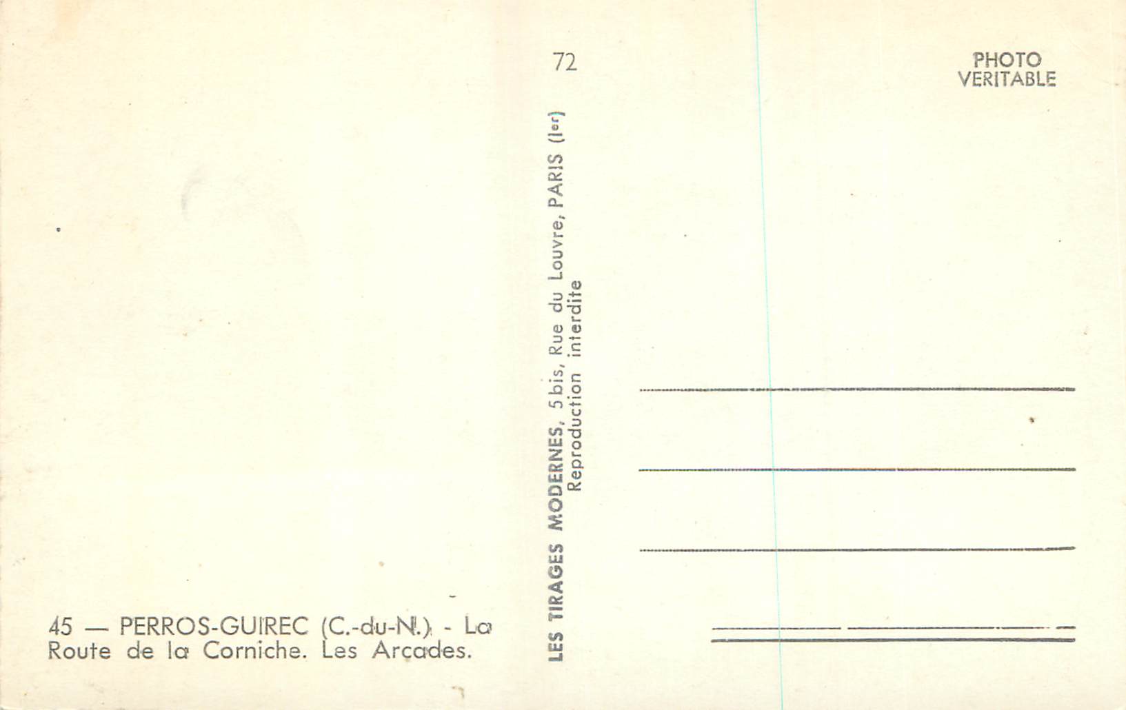 CPM Perros Guirec C du N La Route de la Corniche Les Arcades  — Verso