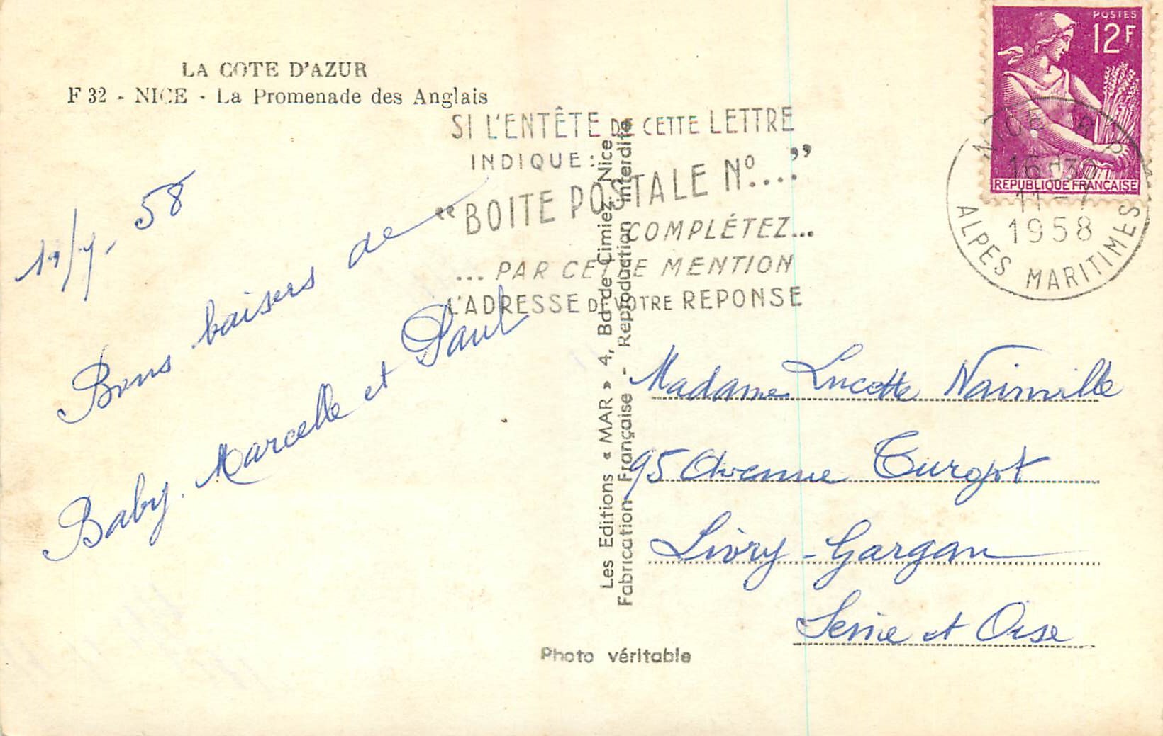 CPM Nice La Promenade des Anglais  — Verso