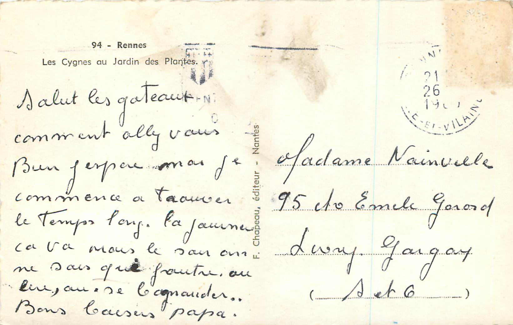 Les Cygnes au Jardin des Plantes — 94 - Rennes — F. Chapeau, éditeur — N°95 — Verso