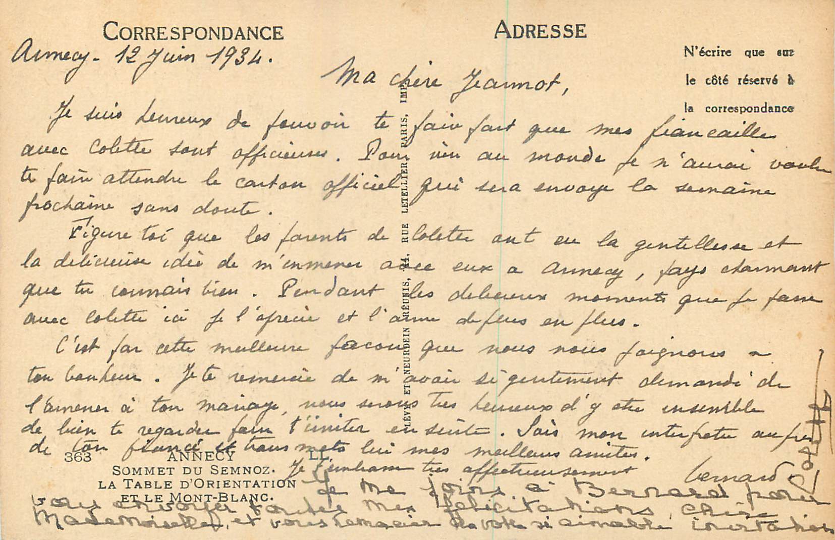 Sommet du Semnoz — Table d'Orientation — éditeur Lefèvre et Neudrèn, Paris, n° 363 — Achterkant