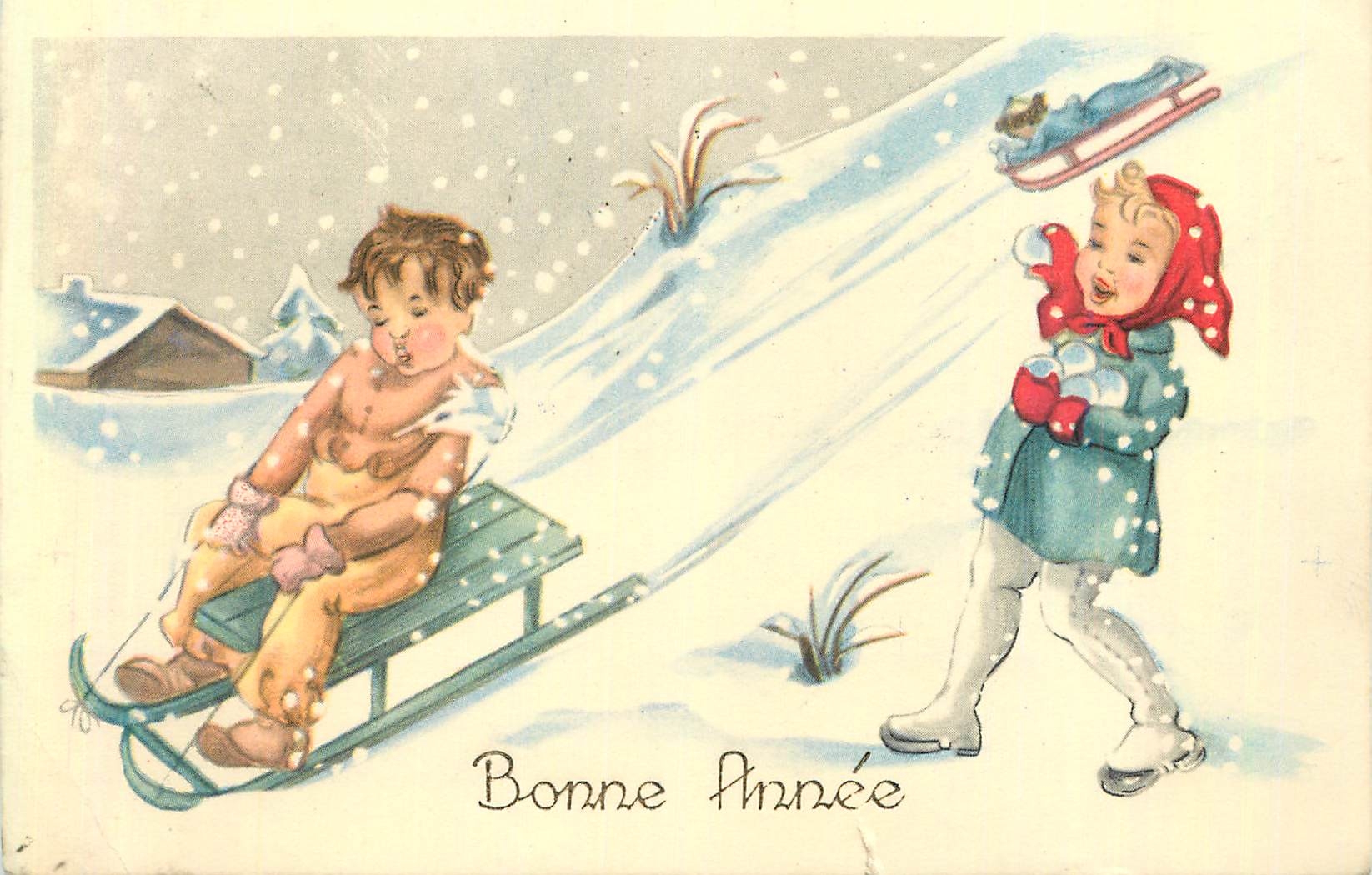 CPA Bonne Annee Luge Enfants