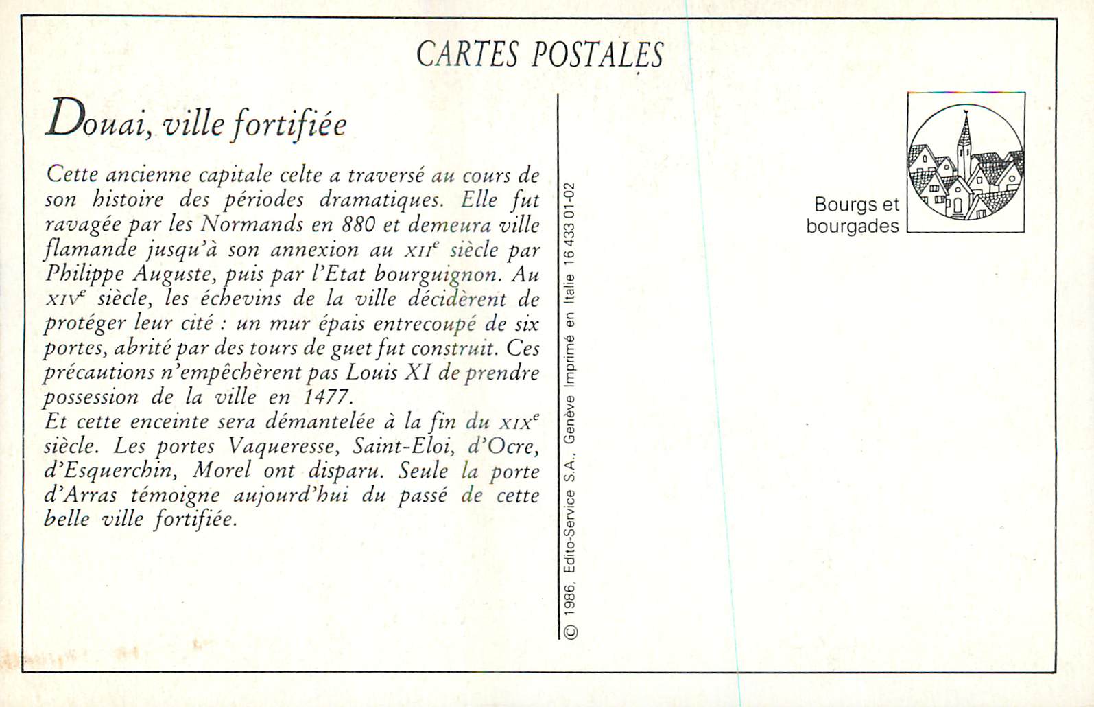 CPM Douai Porte d'Arras Ville Fortifiee — Rückseite
