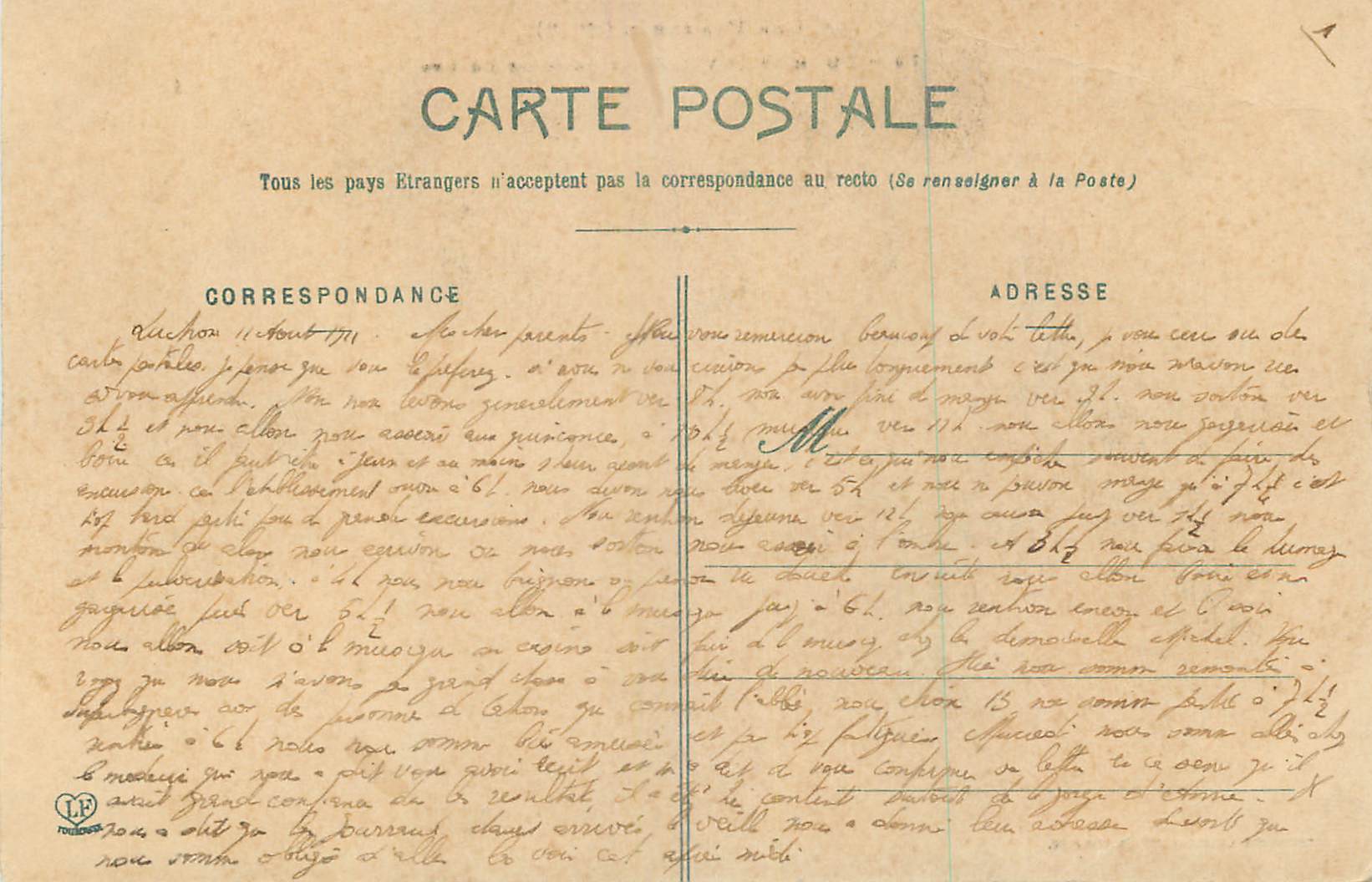CPA Luchon Les Pyrenees Vallee et Torrent du Lys — Verso