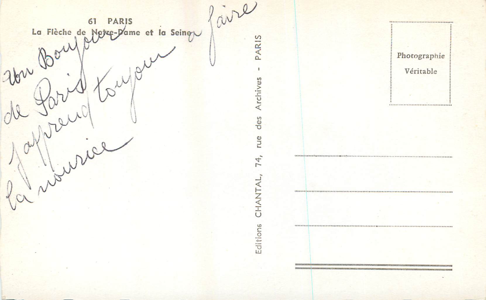 CPM Paris La Fleche de Notre Dame et la Seine — Verso