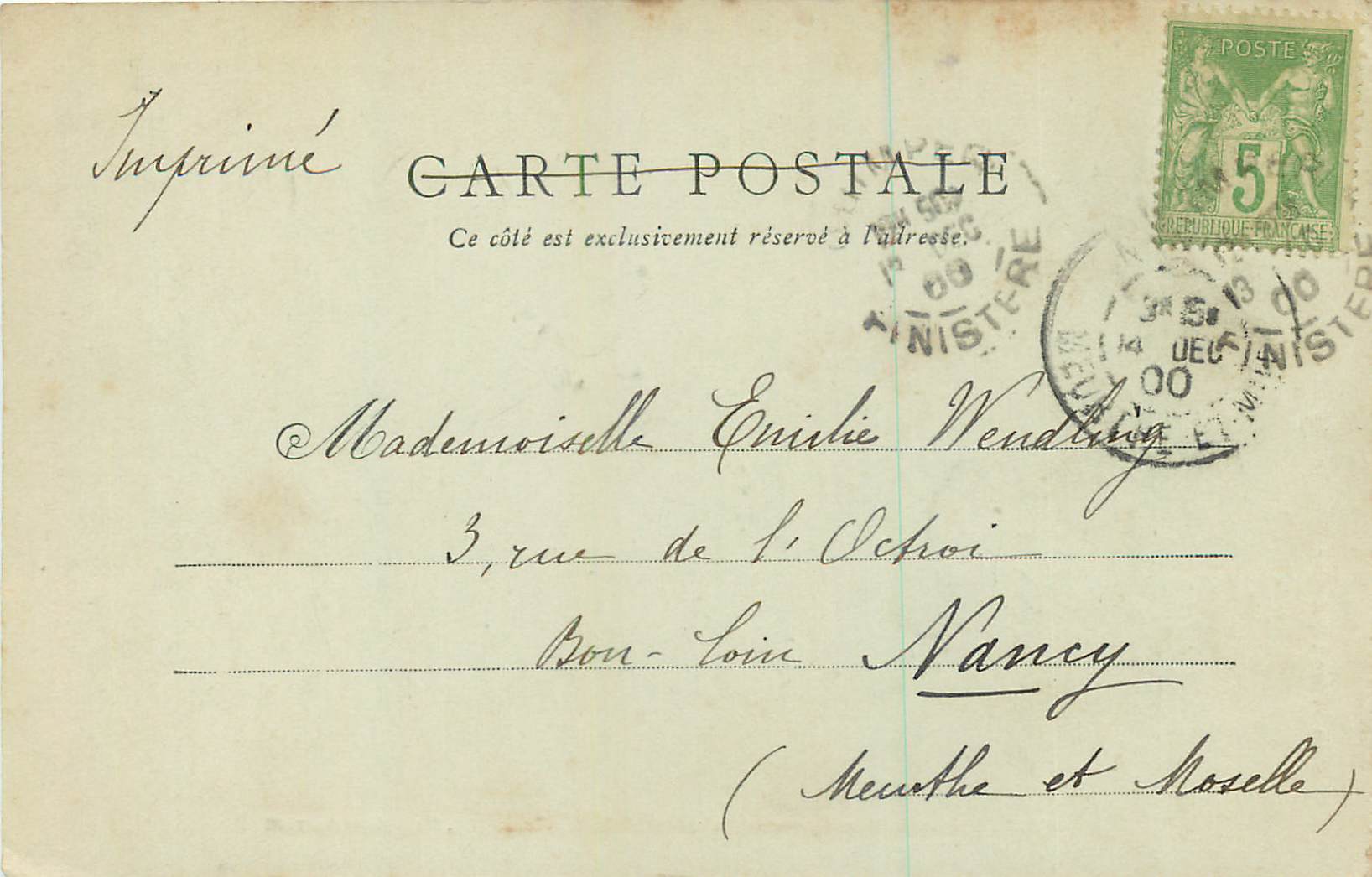 CPA La Point du Raz La Roche du moine Baie des Trepasses La Pointe du Vent (carte 1900) — Rückseite