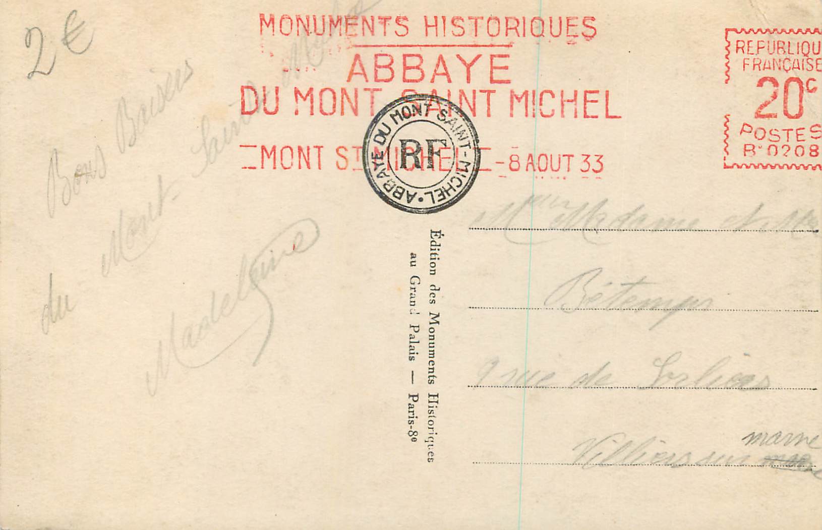 Abbaye du Mont-Saint-Michel — La Tour Gabriel — Édition des Monuments Historiques — Verso