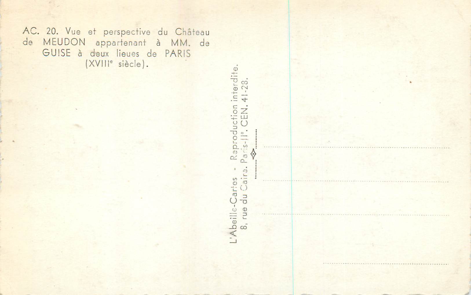 CPM Meudon Vue et Perspective Appartenant a MM de Guise a Deux Lieues de Paris (XVIIIe S) — Rückseite