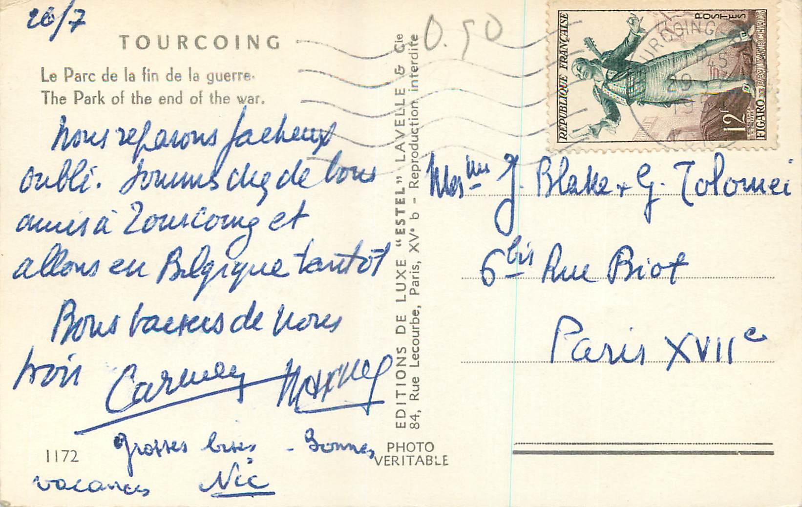 CPM Tourcoing Le Parc de la Fin de la Guerre — Rückseite