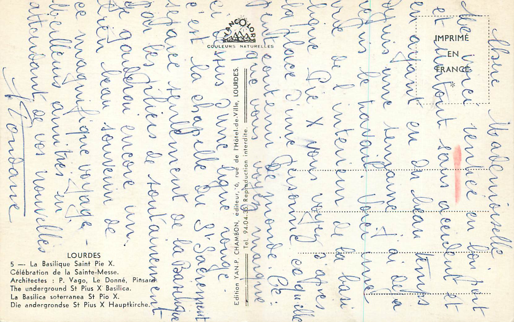 CPM Lourdes La Basilique Saint Pie X — Verso