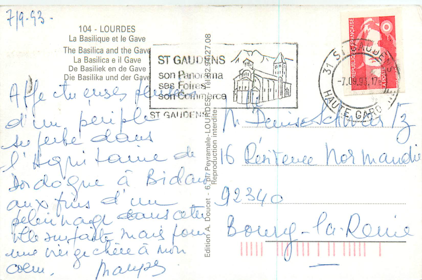 CPM Lourdes La Basilique et le Gave — Verso