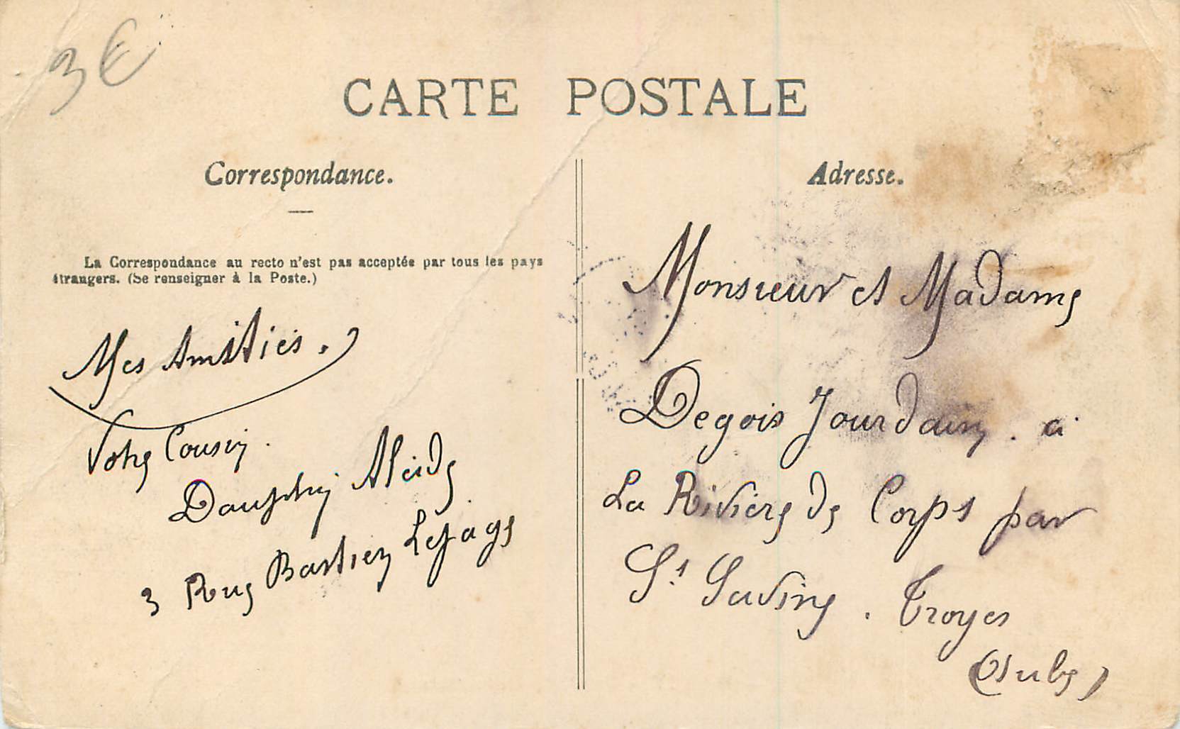 CPA Nancy Palais du Gouvernement — Verso