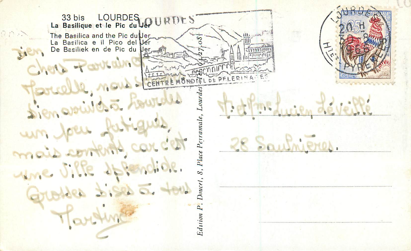 CPM Lourdes La Basilique et le Pic du Jer Moutons — Verso