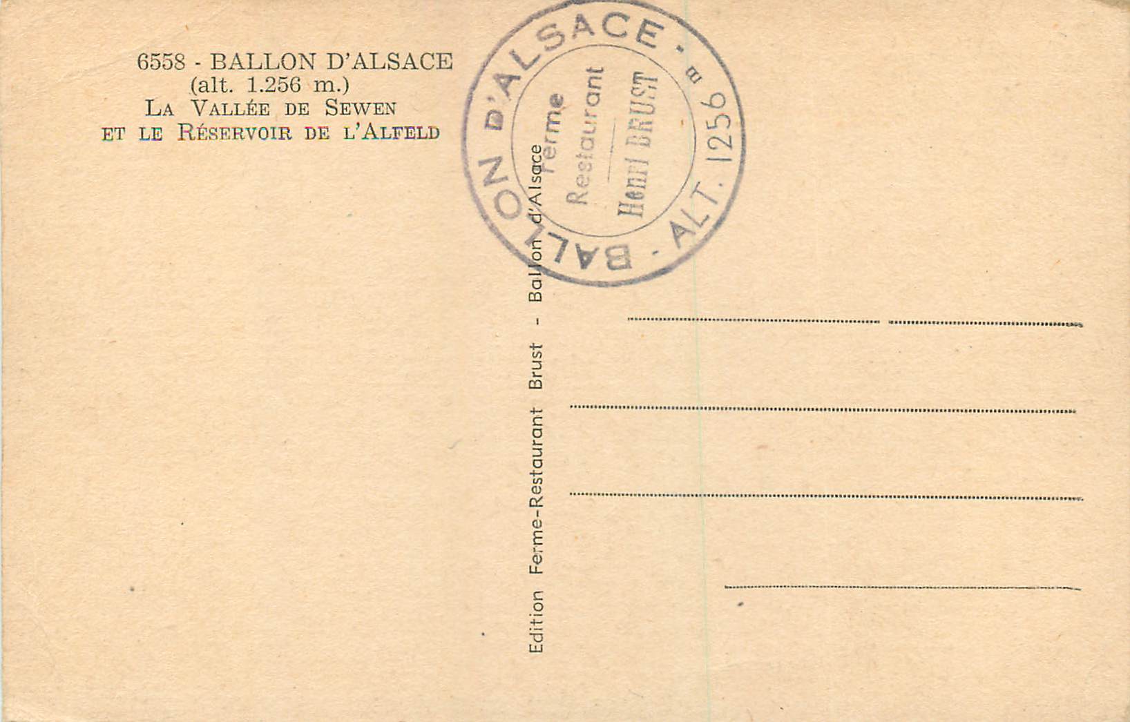 CPA Ballon d'Alsace (alt 1256 m) La Vallee de Sewen et Reservoir de l'Alfeld — Rückseite