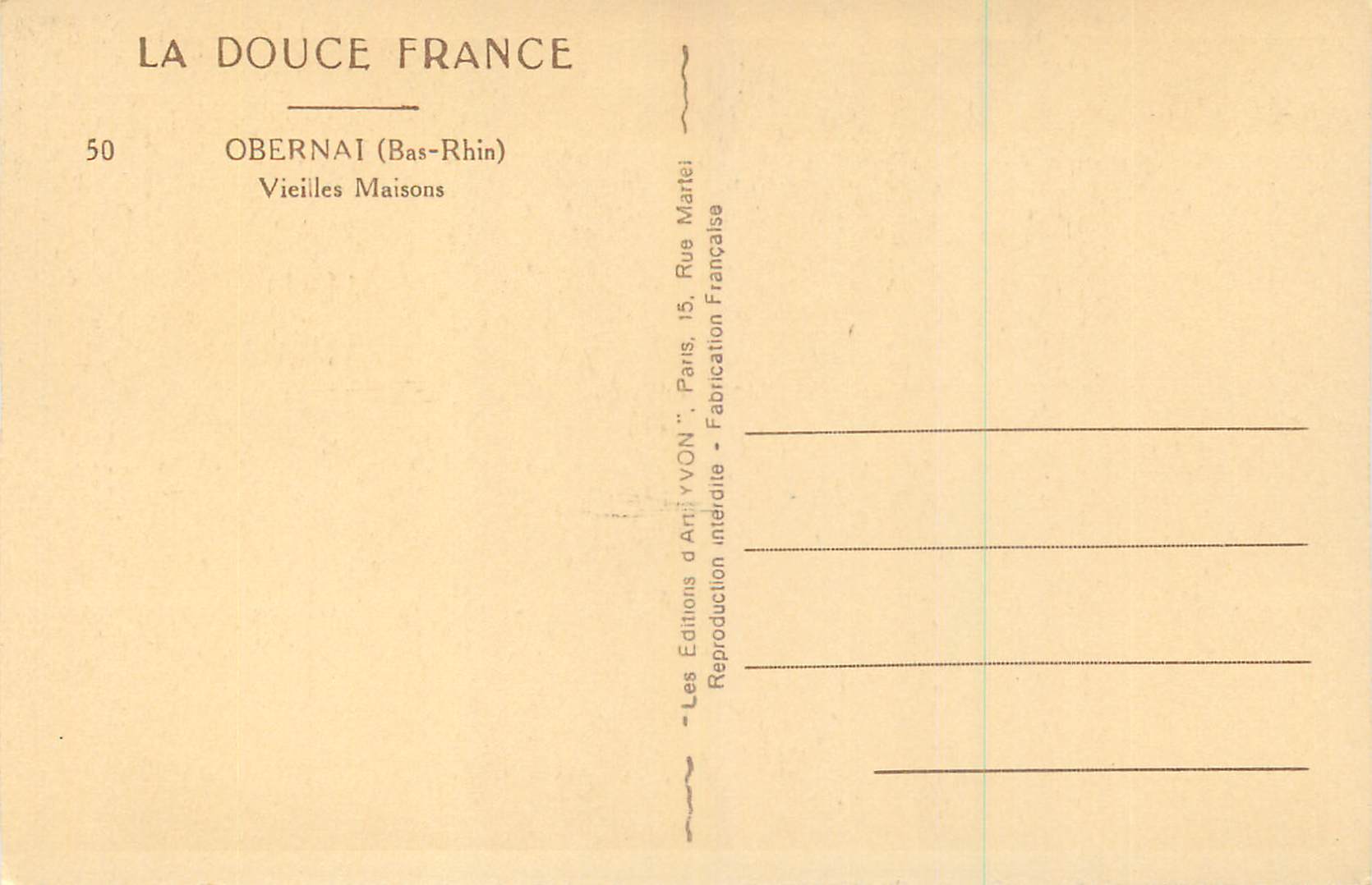 Obernai (Bas-Rhin) — Vieilles Maisons — La Douce France, n°50 — Rückseite